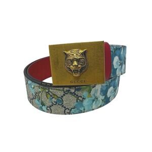 Gucci Blooms GG Supreme Belt Tiger Buckle Floral Canvas Red Leather 90/36